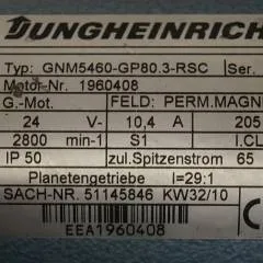 Jungheinrich 51145846 | Steeringmotor 24V type GNM5460 GP80,3 RSC Steering sensor  52037950 year 2010 motor nr. 1960408